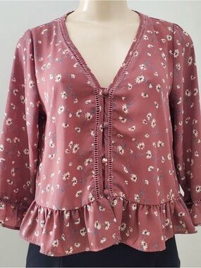 Sienna Sky Floral Button-Front Ruffle Hem Blouse - Dusty Rose